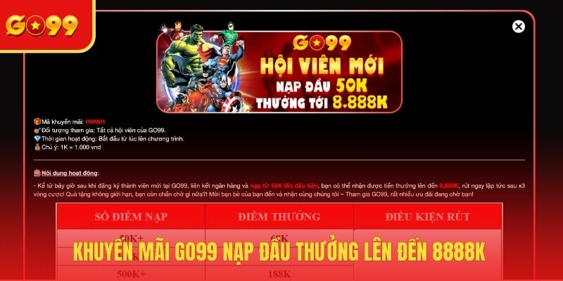 Khuyến mãi GO99 nạp đầu thưởng lên đến 8888k